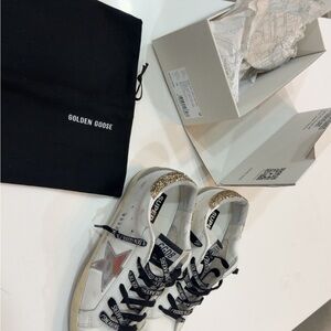 Golden Goose White Sneakers with Pink Star and Gold Glitter Heel